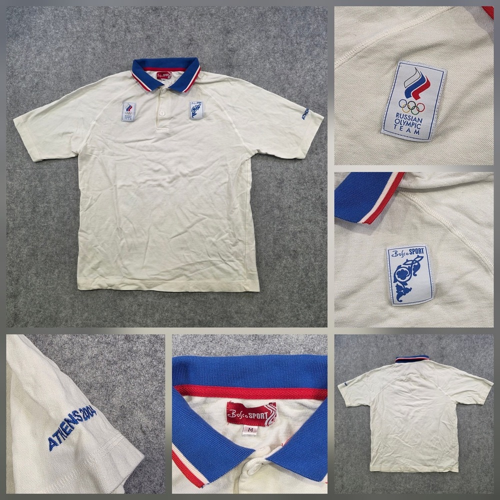 Vintage Russian Olympic Team Polo Shirt Men Medium White Athens 2004 Bosco Sport